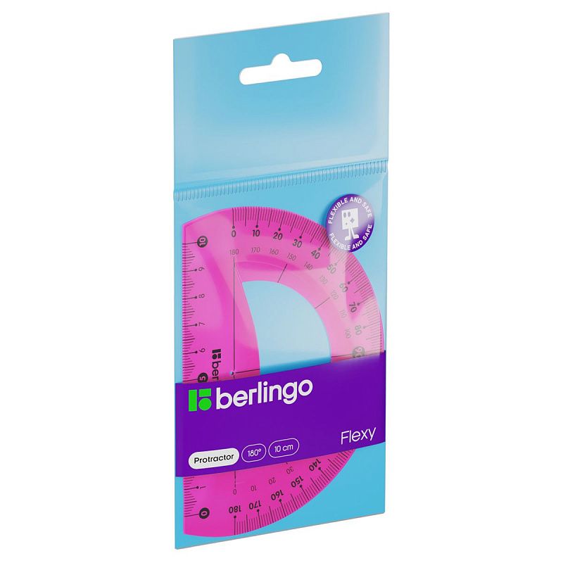 Транспортир 10см, 180° Berlingo "Flexy", пластиковый, гибкий, ассорти, европодвес 