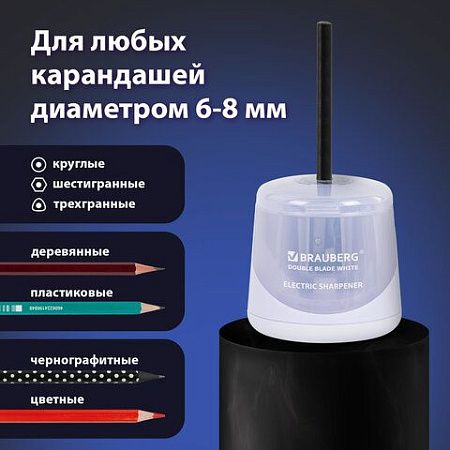 Точилка электрическая BRAUBERG DOUBLE BLADE WHITE, двойное лезвие, питание от 2 батареек, 271337 