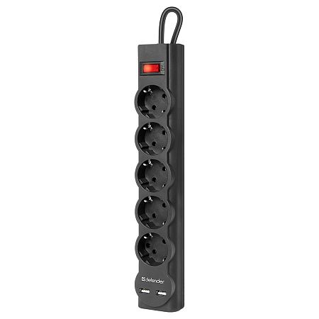 Сетевой фильтр Defender DFS 755 5 розеток 5,0м, 2xUSB, 2.1A, черный