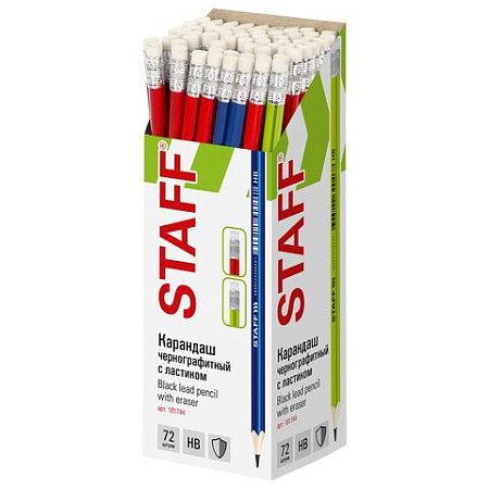 Карандаш чернографитный STAFF "Basic" BLP-744, 1 шт., НВ, с ластиком, пластик, корпус ассорти, 181744 