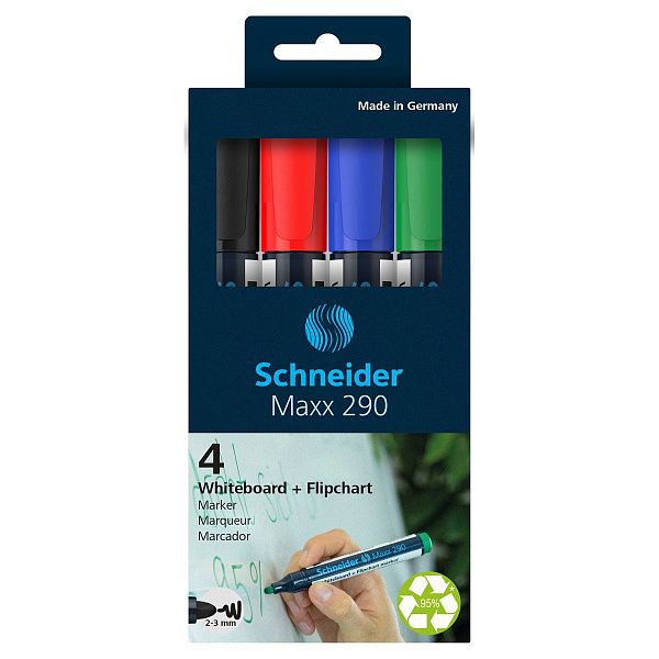 Набор маркеров для белых досок и флипчартов Schneider "Maxx 290" 04цв., пулевидный, 3мм, прозр. чехол