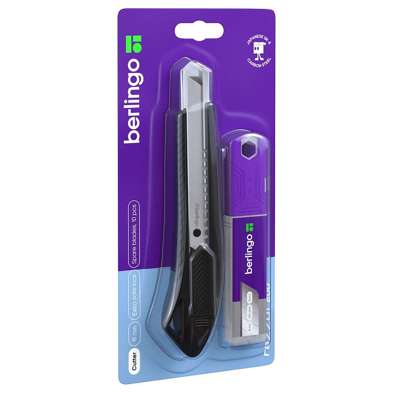 Нож канцелярский 18мм Berlingo "Razzor 200", черный + лезвия сменные 10шт., блистер, европодвес