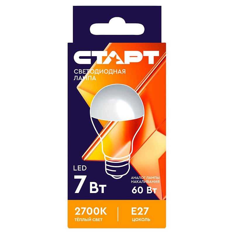 Лампа светодиодная Старт LED, серия "WS" 7W30, тип А "груша", E27, 2700К, теплый свет, 25000ч