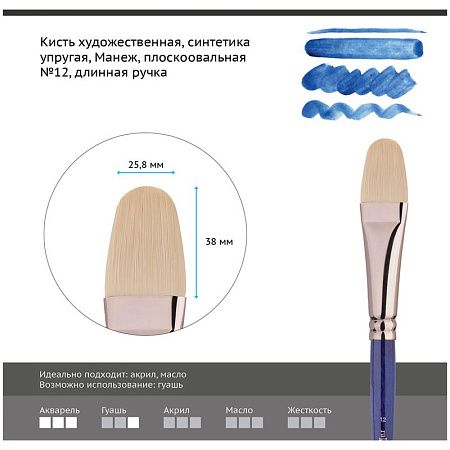 Кисть художественная синтетика упругая Гамма "Манеж", плоскоовальная №12, длинная ручка