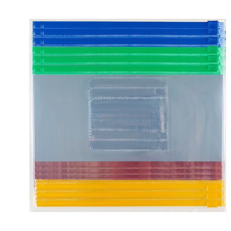 Папка-конверт на zip-молнии СТАММ В5, ПВХ, 120мкм, прозрачная, цветная молния, карман, ассорти 