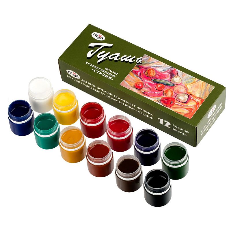 Гуашь художественная Гамма "Студия", 12 цветов, 40мл, картон. упаковка