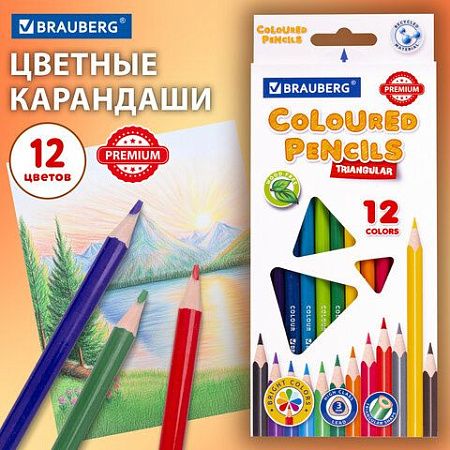 Карандаши цветные BRAUBERG PREMIUM, 12 цветов, пластиковые, трехгранные, грифель мягкий 3 мм, 181661
