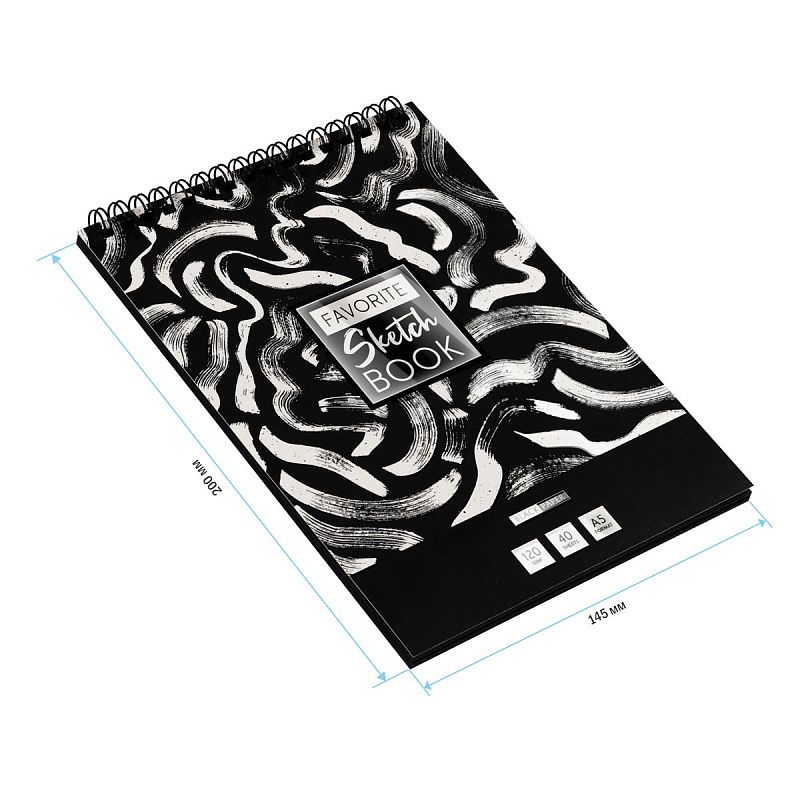 Скетчбук 40л., А5 ArtSpace "Black line. Strokes", на гребне, черный блок, 120г/м2