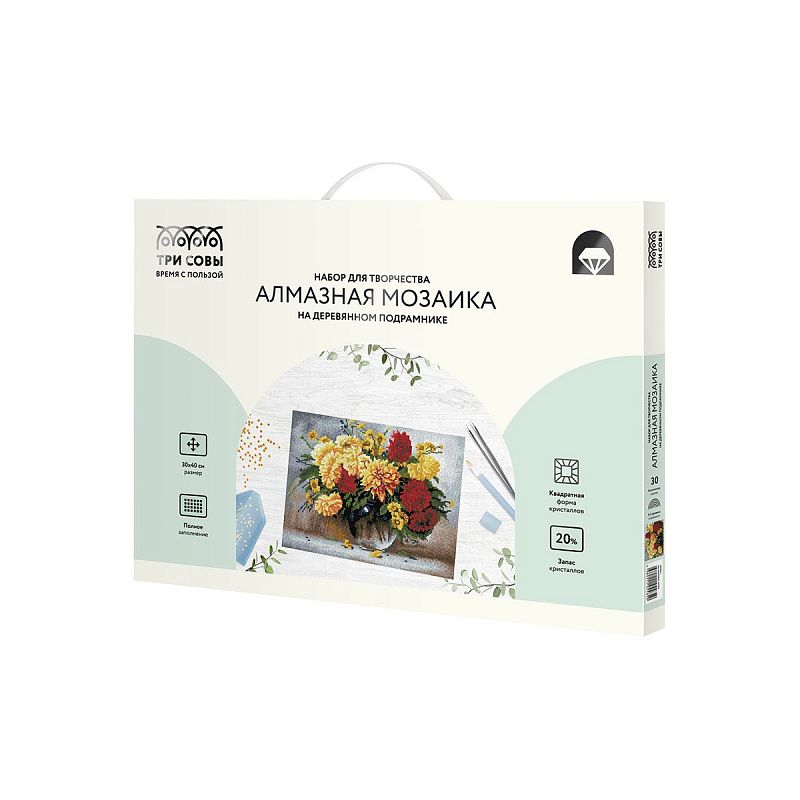 Алмазная мозаика ТРИ СОВЫ "Астры", 30*40см, холст на деревянном подрамнике, картонная коробка с пластиковой ручкой