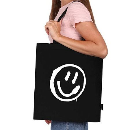 Сумка-шоппер BRAUBERG, канвас, 40х35 см, черный, "Smiley", 271900 