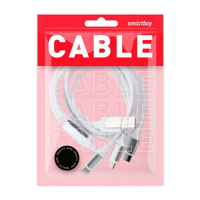 Кабель Smartbuy 3в1 универсальный, Micro-USB/Lightning/Type C, 1,2м, белый