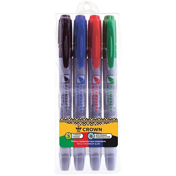 Набор перманентных маркеров Crown "Multi Marker Slim" 04цв., пулевидный, 2,0мм, чехол с европодвесом