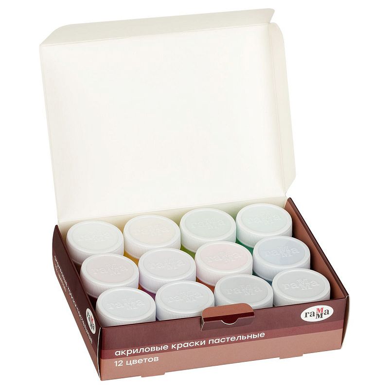 Краски акриловые декоративные Гамма "Хобби", 12 цветов, 20 мл, картон.упак., пастельные цвета