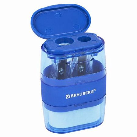 Точилки с ластиком 2 в 1 BRAUBERG "Double", НАБОР 2 ШТУКИ, 2 отверстия, синяя и зеленая, блистер, 271995 