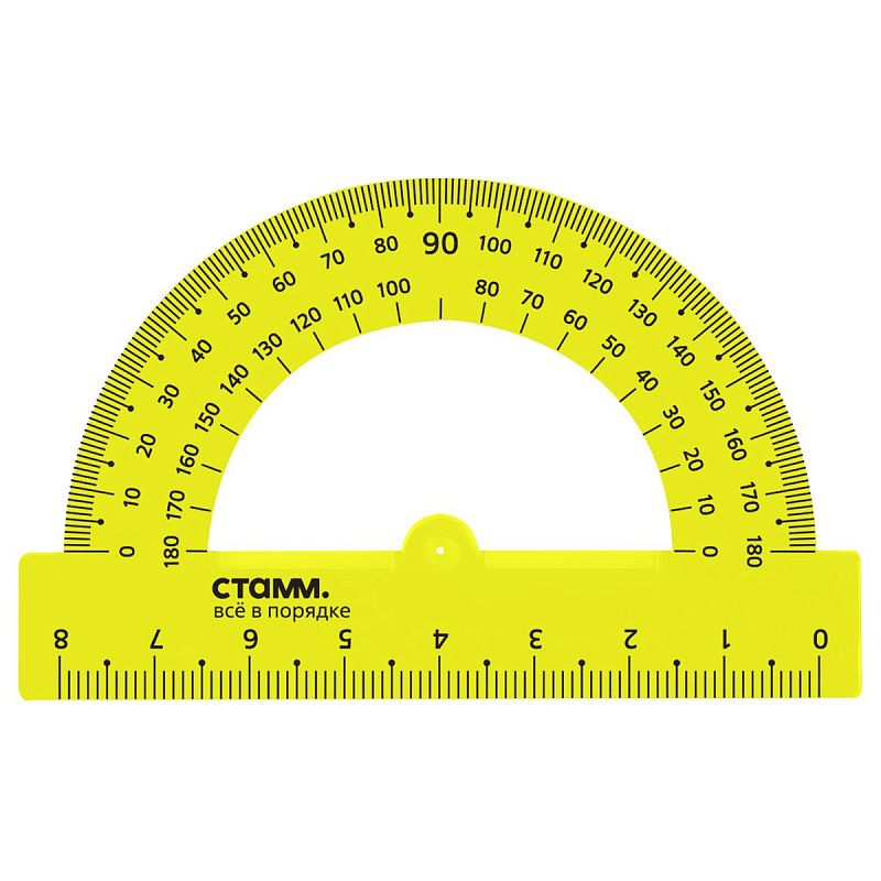 Транспортир 8см, 180° СТАММ, пластиковый, прозрачный, неоновые цвета, ассорти 