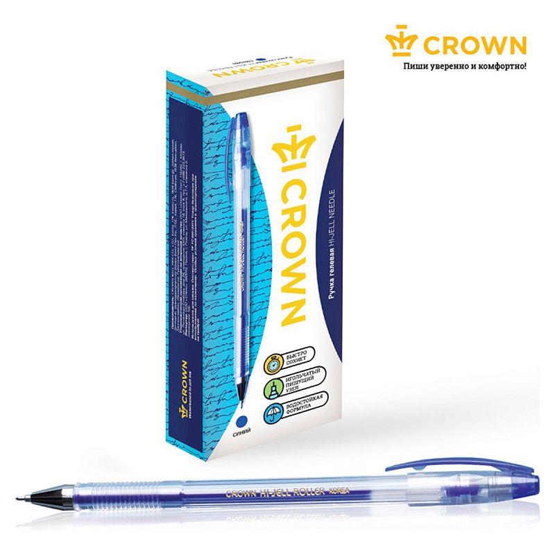 Ручка гелевая Crown "Hi-Jell Needle" синяя, 0,5мм, игольчатый стержень 