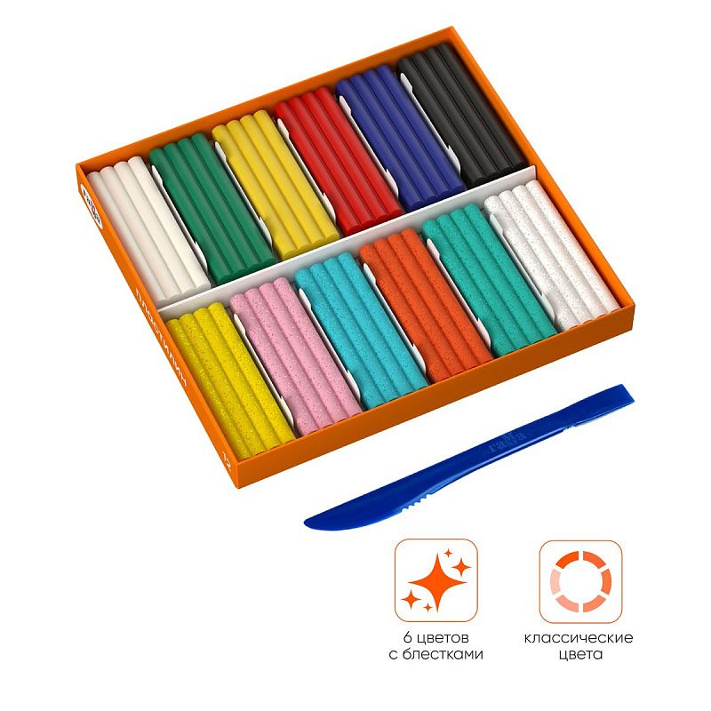 Пластилин Гамма "Оранжевое солнце", 12 цветов (6 классич., 6 с блестками), 168г, со стеком. картон. упаковка