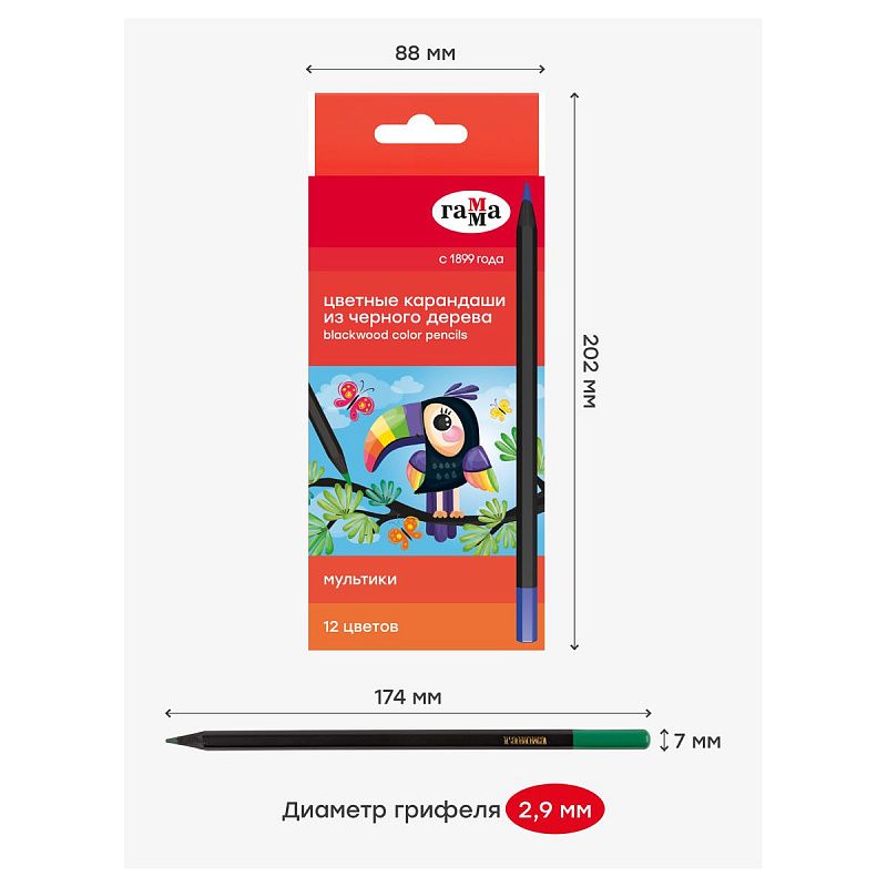Карандаши цветные Гамма "Мультики", 12цв., черное дерево,заточен., картон. упак., европодвес