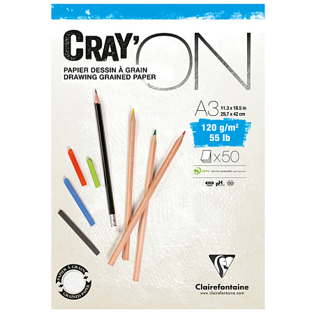 Скетчбук - блокнот 50л., А3 Clairefontaine "Cray ON", на склейке, мелкозерн., 120г/м2