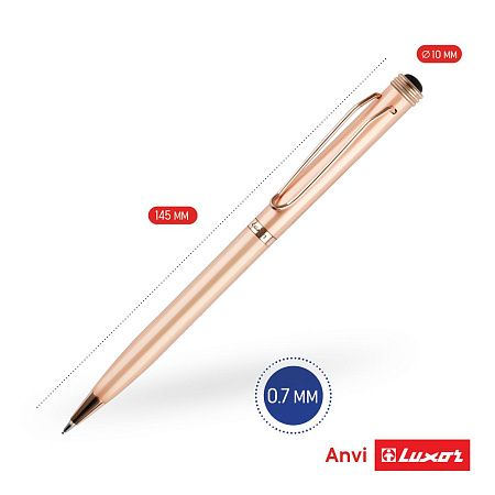 Ручка шариковая Luxor "Anvi" синяя, 0,7мм, корпус розовое золото, поворотный механизм, футляр 
