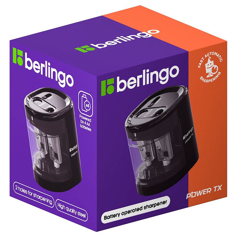 Точилка электрическая Berlingo "Power TX" 2 отверстия, черная, с контейнером, картон. упаковка 