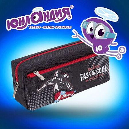 Пенал ЮНЛАНДИЯ, 2 отделения, полиэстер, "Skate", черный, 21х6х9 см, 270276 