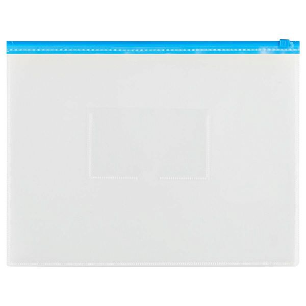 Папка-конверт на zip-молнии СТАММ А4, полипропилен, 150мкм, прозрачная, карман, молния синяя