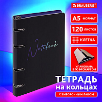 Тетрадь на кольцах А5 160х212 мм, 120 листов, картон, выборочный лак, клетка, BRAUBERG, "Notebook", 404732