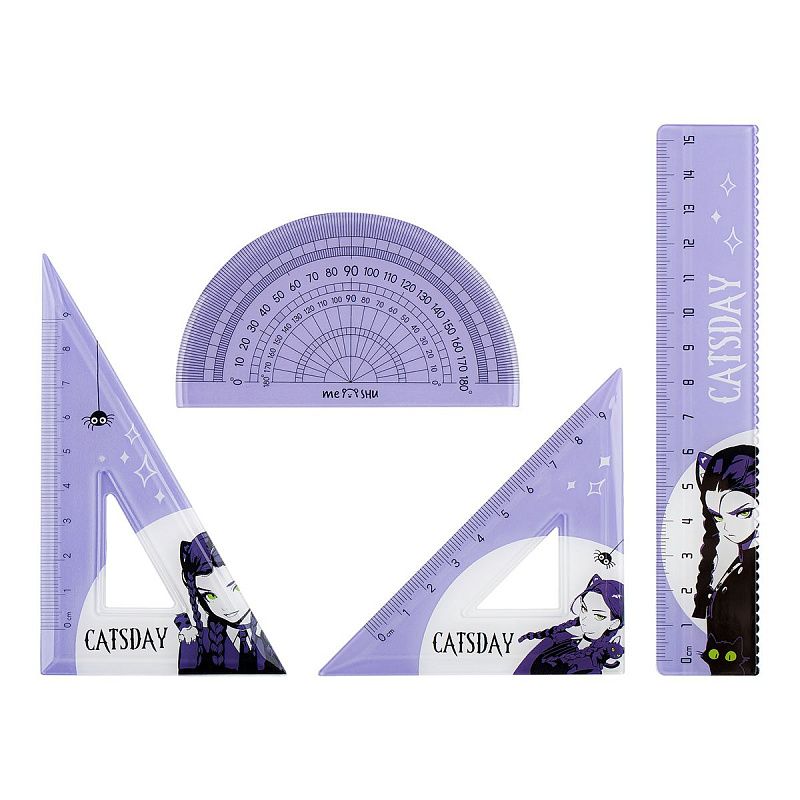 Набор чертежный MESHU "Catsday" (линейка 15см, транспортир, 2 треугольника), пластик, ПВХ-пенал 