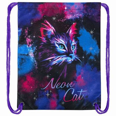 Мешок для обуви BRAUBERG PREMIUM, карман, подкладка, светоотражайка, 43х33 см, "Neon cat", 271621 