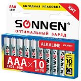 Батарейки КОМПЛЕКТ 10 шт, SONNEN Alkaline, AAA (LR03, 24А), алкалиновые, мизинчиковые, в коробке, 451089