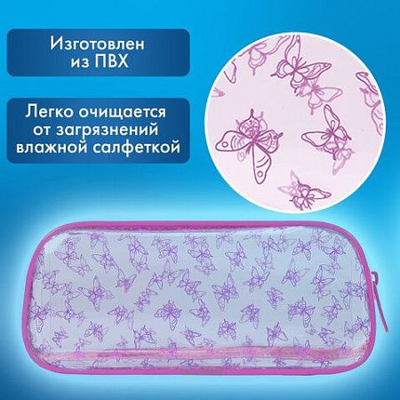 Пенал-косметичка BRAUBERG LUCENT на молнии, прозрачный, Butterfly, 272344 