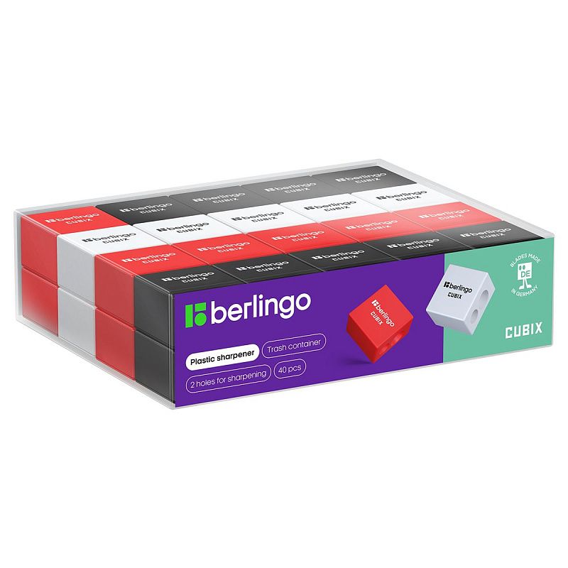 Точилка пластиковая Berlingo "Cubix" 2 отверстия, контейнер, ассорти 
