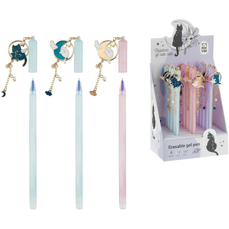 Ручка гелевая стираемая MESHU "Grace cats" синяя, 0,5мм, корпус ассорти, с топпером 