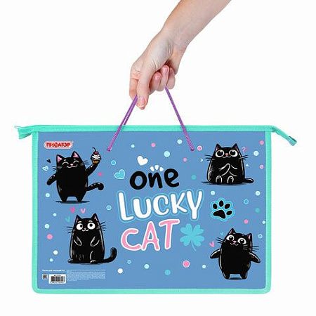 Папка на молнии с ручками ПИФАГОР А4, 1 отделение, пластик, ручки-шнурок, "Funny cats", 273353 