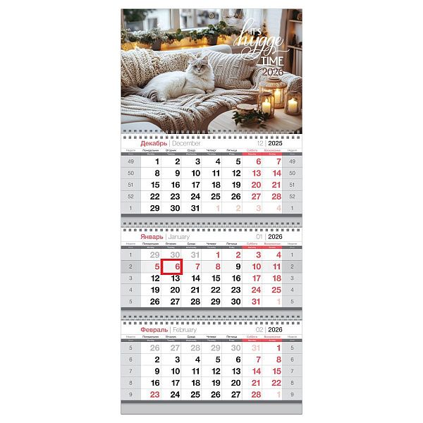 Календарь квартальный 3 бл. на 3 гр., 295*660 мм BG "Кот", с бегунком, 2026г.
