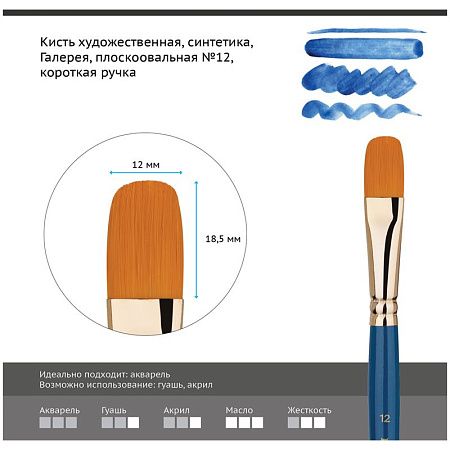 Кисть художественная синтетика Гамма "Галерея", плоскоовальная №12, короткая ручка