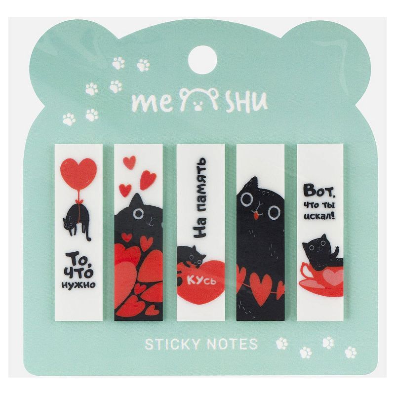 Флажки-закладки MESHU "Cute kitten" пластиковые с дизайном, 45*12мм, 20л*5 цветов, пакет с евро подвесом
