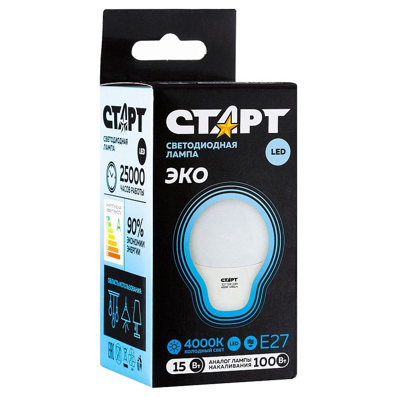 Лампа светодиодная Старт LED, серия "WS" 15W40, тип А "груша", E27, 4000К, нейтральный свет, 25000ч