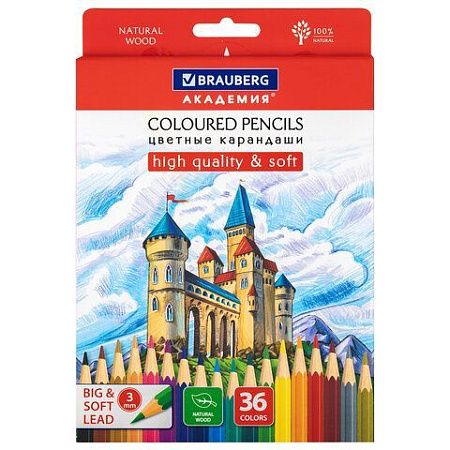 Карандаши цветные мягкие BRAUBERG АКАДЕМИЯ, 36 цветов, шестигранные, грифель 3 мм, 181867