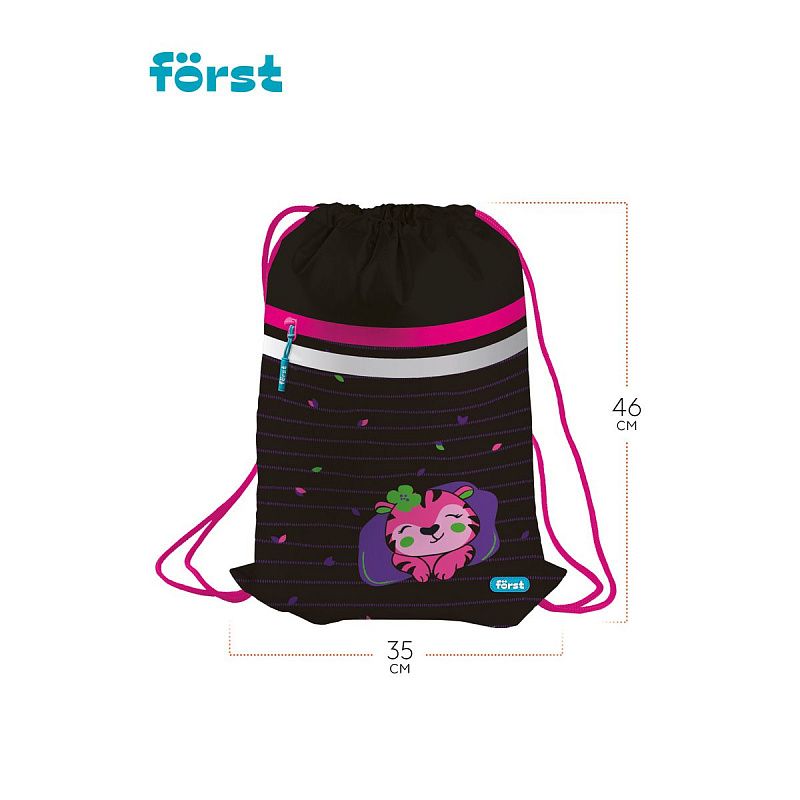 Мешок для обуви 1 отделение Först "Pink tiger", 350*460мм, вентиляционная сеточка, светоотражающая лента, карман на молнии 