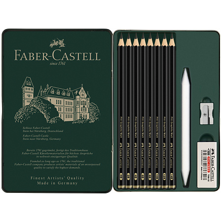 Набор карандашей ч/г матовых Faber-Castell "Pitt Graphite Matt" HB, 2B, 4B, 6B, 8B, 10B, 12B, 14B, заточ, ластик, метал.точилка, растушевка, метал.кор