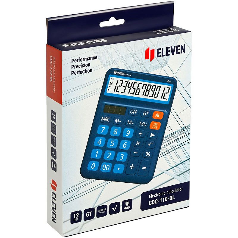 Калькулятор настольный Eleven CDC-110-BL, 12 разрядов, двойное питание, 125*160*28мм, синий