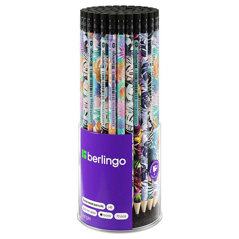 Карандаш ч/г Berlingo "Jungle" HB, круглый, заточен., с ластиком, ассорти 