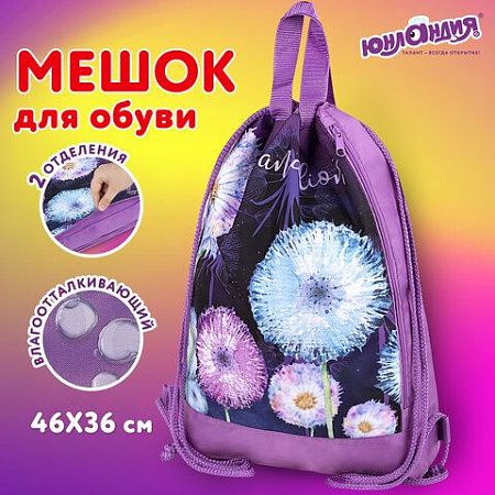 Мешок для обуви ЮНЛАНДИЯ с ручками, боковой карман на молнии, 46х36 см, "Flowers", 271065 