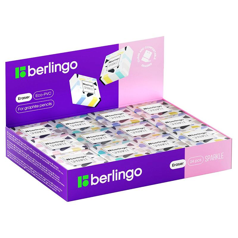 Ластик Berlingo "Sparkle", прямоугольный, цвета ассорти, 34*34*12мм 