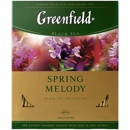 Чай Greenfield "Spring Melody", черный, с ароматом мяты, чабреца, 100 фольг. пакетиков по 1,5г