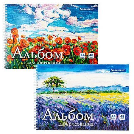 Альбом для рисования, А4, 48 л., гребень, обложка картон, BRAUBERG, 205х290 мм, "Летний пейзаж" (2 вида), 106328