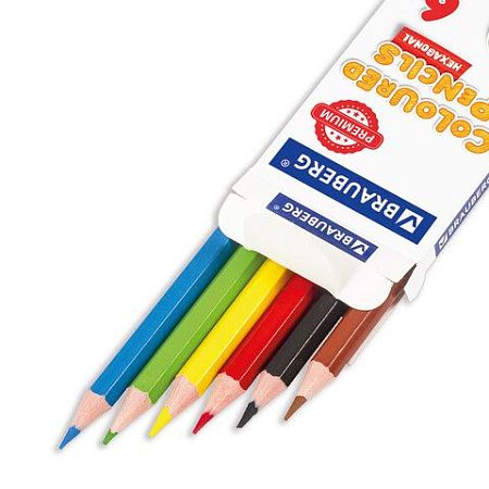 Карандаши цветные BRAUBERG PREMIUM, 6 цветов, пластиковые, шестигранные, грифель мягкий 3 мм, 181665