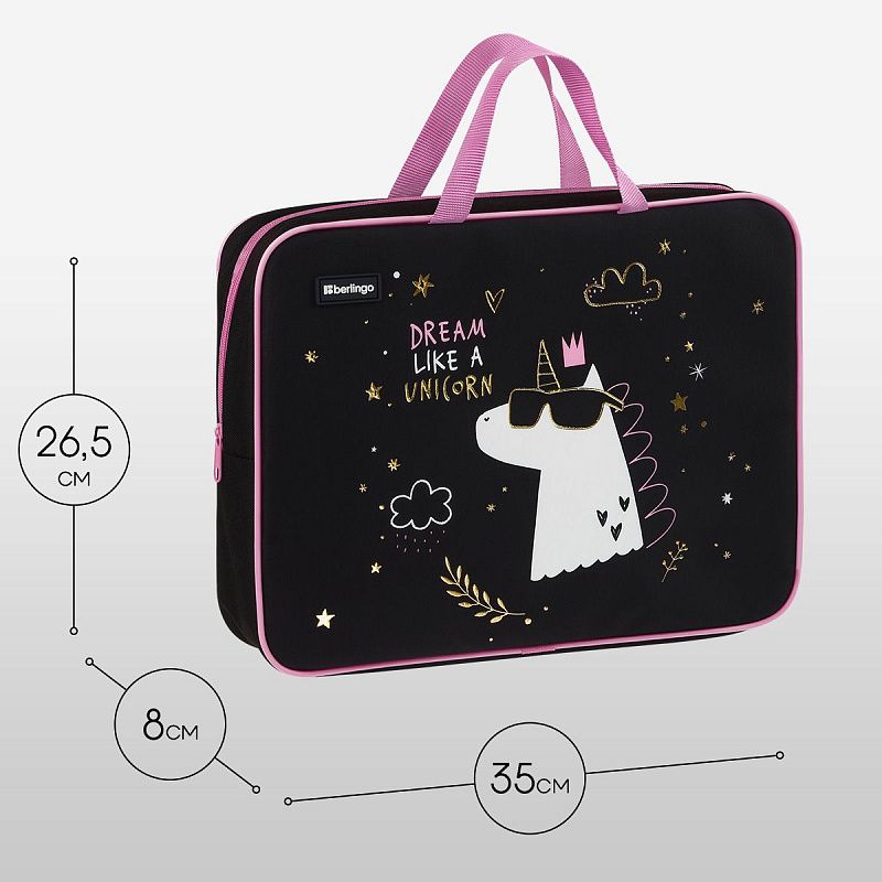 Папка текстильная с ручками 1 отделение, А4 Berlingo "Dream Like A Unicorn", 350*265*80мм, текстиль, на молнии 